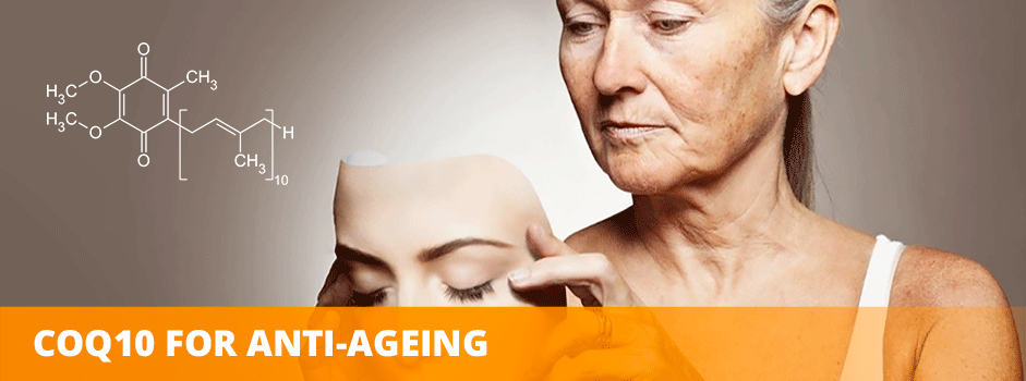 CoQ10 for anti-ageing — older woman holding younger face mask with CoQ10 molecular structure