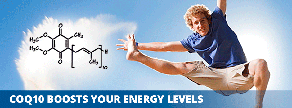 SANUSq Health CoQ10 boosts energy levels with molecular structure and active man jumping