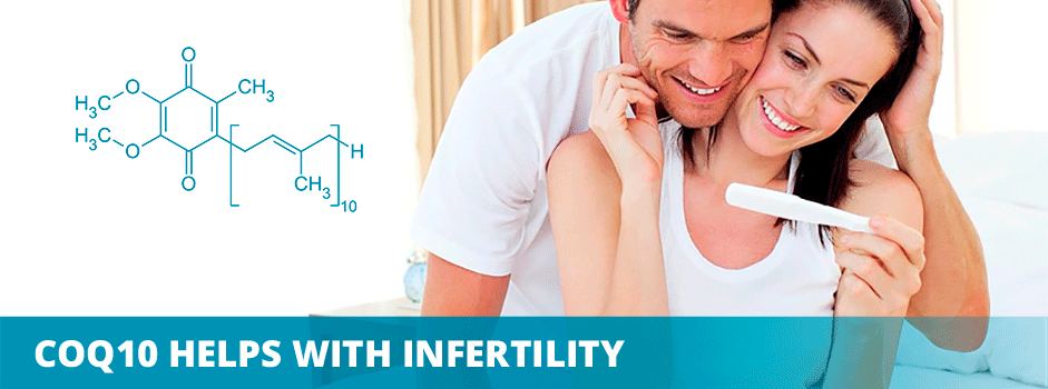 CoQ10 helps with infertility — happy couple reading positive pregnancy test with CoQ10 molecular structure