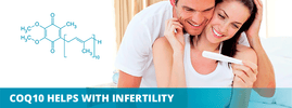 CoQ10 helps with infertility — happy couple reading positive pregnancy test with CoQ10 molecular structure