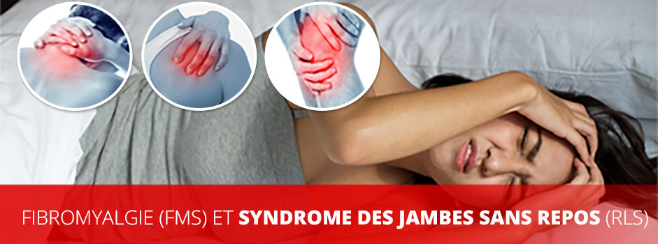 Fibromyalgia FMS and restless leg syndrome RLS — woman in pain lying down with joint pain indicators