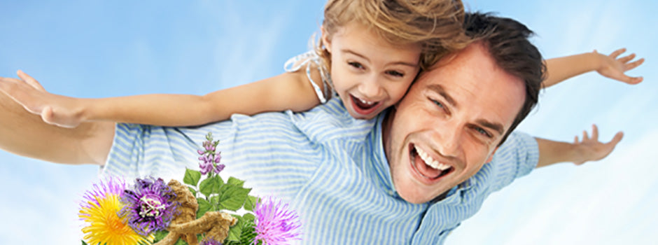 Happy father and daughter with arms outstretched beside medicinal plants for natural alcohol recovery support – SANUSq Health