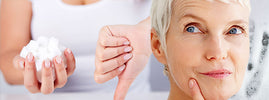 Hand holding sugar cubes beside a thumbs-down and a thoughtful older woman, SANUSq Health guide to breaking sugar addiction