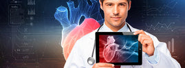 Doctor holding a tablet showing a human heart, illustrating SANUSq Health's guide to cholesterol and heart health