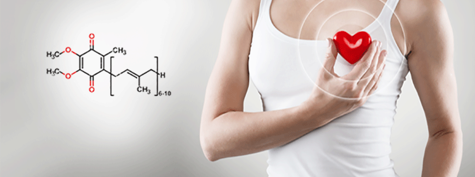 Woman holding a red heart to her chest beside the coenzyme Q10 molecule, for heart and cellular energy – SANUSq Health