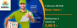 Smiling SANUSq Health courier holding a parcel, with fast delivery from the Netherlands and free shipping over 99 EUR