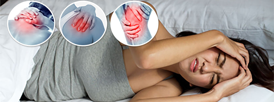 Woman in bed holding her head in pain, with insets of shoulder, hip and knee pain linked to fibromyalgia and restless legs – SANUSq Health