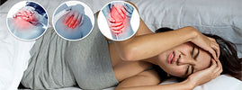 Woman in bed holding her head in pain, with insets of shoulder, hip and knee pain linked to fibromyalgia and restless legs – SANUSq Health