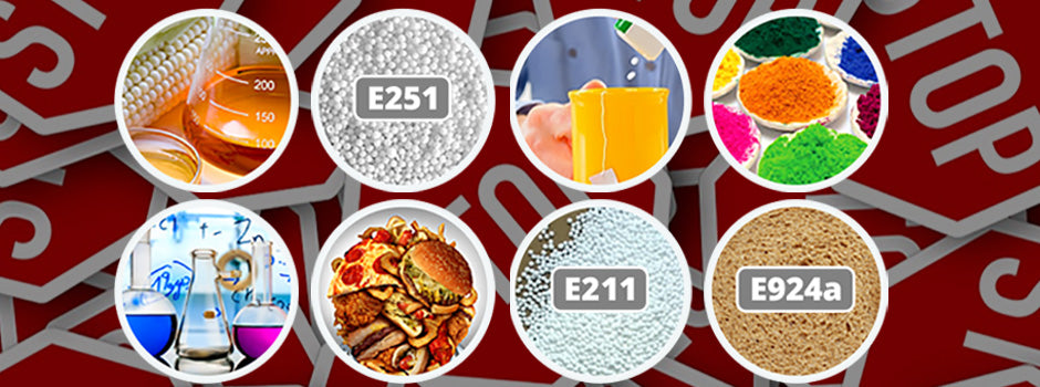 Food additives to avoid, including corn syrup, sweeteners, colourings, E251, E211 and E924a, over stop signs – SANUSq Health