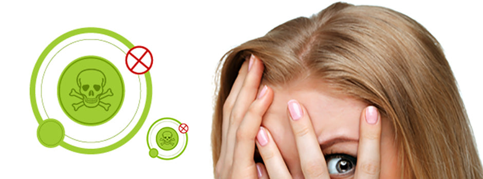 Worried woman peeking through her fingers beside green skull and crossbones symbols, free radicals explained – SANUSq Health