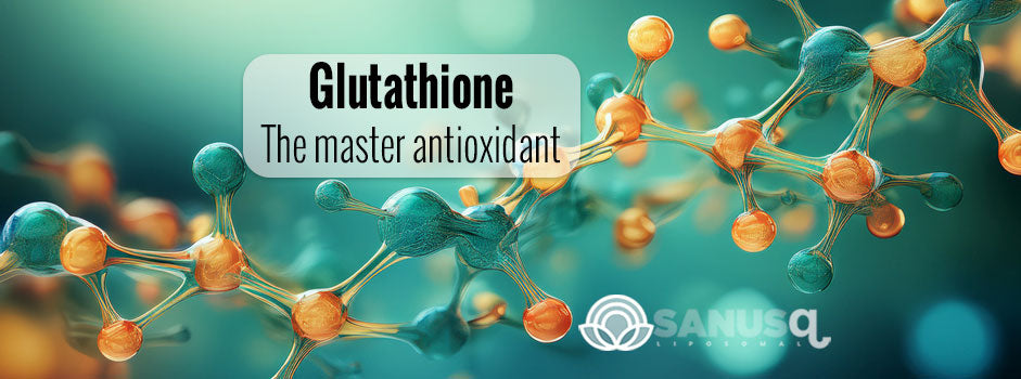Glutathione hero banner with text - the master antioxidant - on a molecular background.