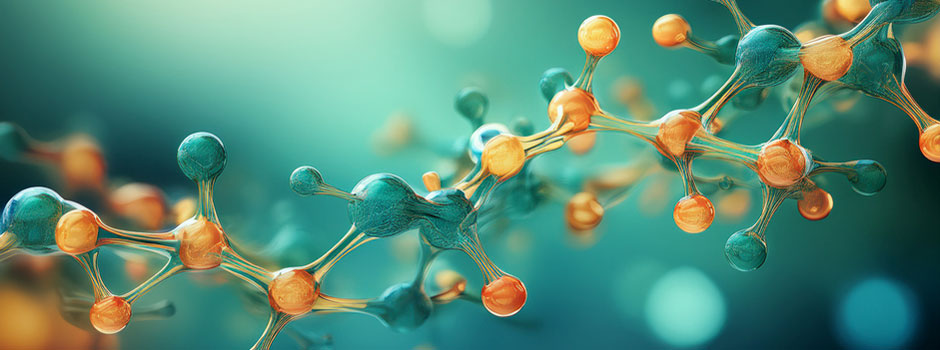 Teal and orange 3D molecular model on a soft blue background, from SANUSq Health on glutathione, the master antioxidant