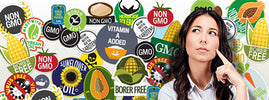 Woman looking puzzled beside a collage of GMO and non-GMO food labels, from SANUSq Health on the GMO food debate