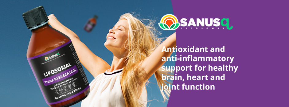 Joyful woman holding SANUSq Health liposomal Trans-Resveratrol, antioxidant for brain, heart and joints