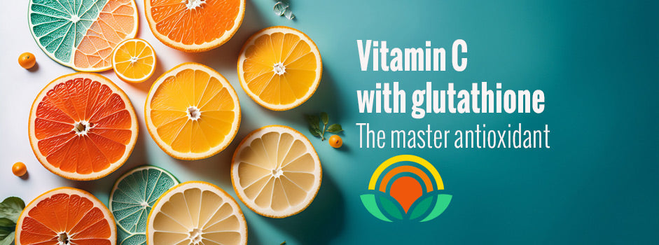 Liposomal vitamin C with glutathione: citrus and a cellular antioxidant motif on the article banner.