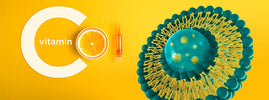 Large letter C with an orange slice, ampoule and liposome structure, explaining liposomal vitamin C by SANUSq Health