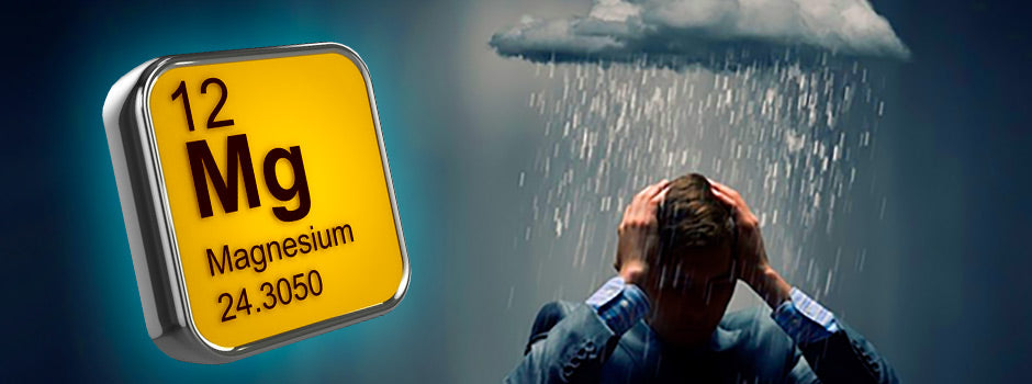 Anxious man holding his head under a rain cloud, next to the magnesium symbol from the periodic table, SANUSq Health