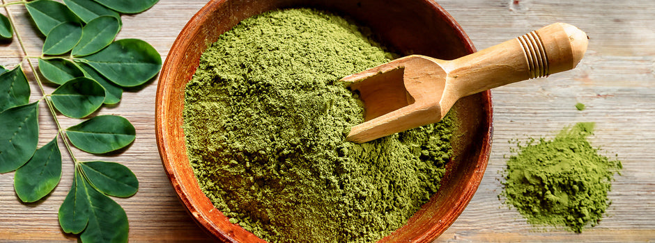 Bowl of fine green moringa leaf powder beside fresh moringa leaves on a rustic wooden table in soft daylight