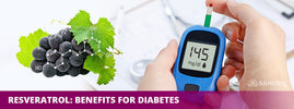 Resveratrol benefits for diabetes – grapes with molecular structure and blood glucose monitor showing 145 mg/dL