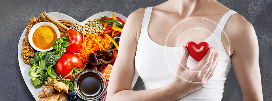 Heart-shaped plate of healthy foods beside a woman holding a red heart, on statin side effects by SANUSq Health
