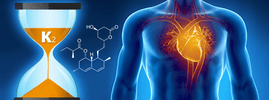 Hourglass marked K2 beside a statin molecule and a glowing human heart, from SANUSq Health on statins and vitamin K2