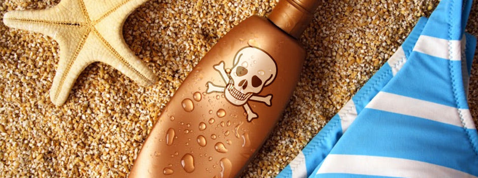 Sunscreen bottle marked with a skull and crossbones on beach sand, illustrating chemical UV filter safety concerns from SANUSq Health