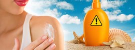Woman applying sunscreen to her shoulder beside a bottle with a warning sign, on sunscreen and vitamin D by SANUSq Health
