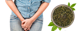 Woman with hands clasped low beside a bowl of dried herbs, for SANUSq Health's guide to urinary tract infections