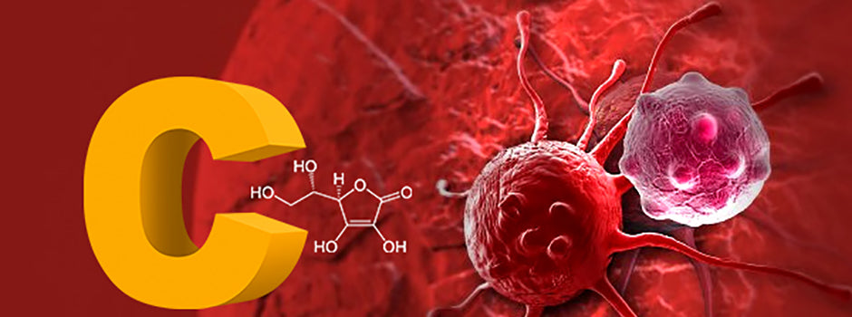 Large yellow letter C and vitamin C molecule beside cancer cells, from SANUSq Health on the evidence for vitamin C in cancer