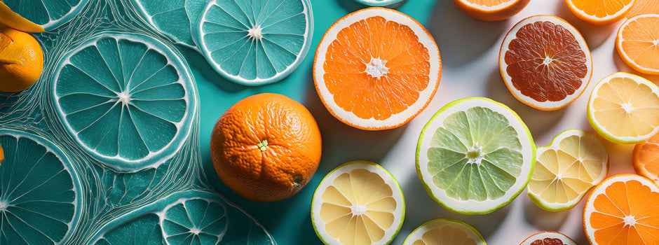 Sliced oranges, lemons, limes and grapefruit on teal, illustrating vitamin C and glutathione by SANUSq Health