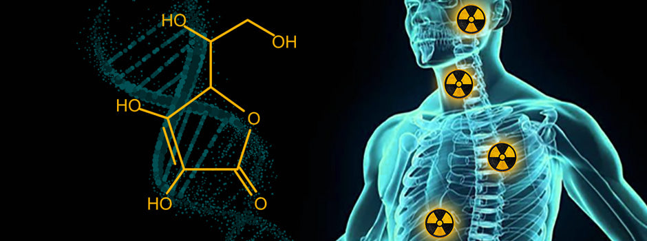 DNA helix and molecular structure beside a human body marked with radiation symbols, from SANUSq Health on vitamin C and radiation