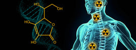 DNA helix and molecular structure beside a human body marked with radiation symbols, from SANUSq Health on vitamin C and radiation