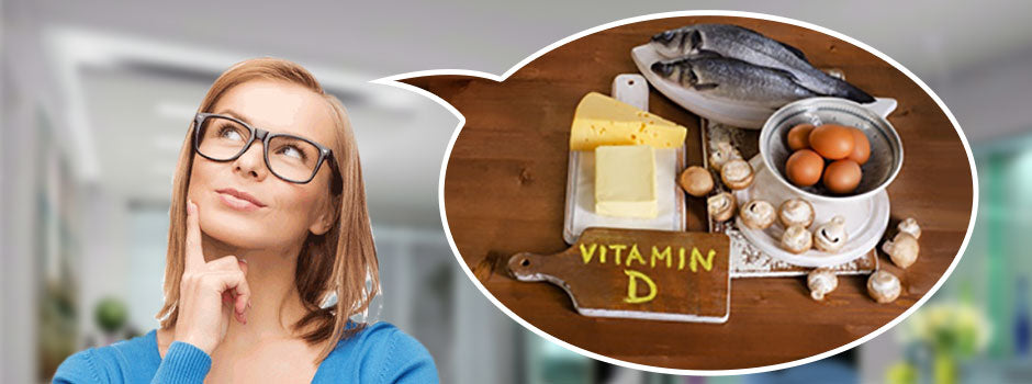 Woman thinking about vitamin D foods such as fish, eggs, cheese and mushrooms, from SANUSq Health on vitamin D benefits