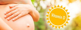 Pregnant woman holding her bump beside a sunny Vitamin D symbol, from SANUSq Health on vitamin D deficiency in pregnancy