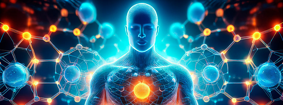 Glowing human figure surrounded by molecular structures, illustrating what depletes glutathione – SANUSq Health