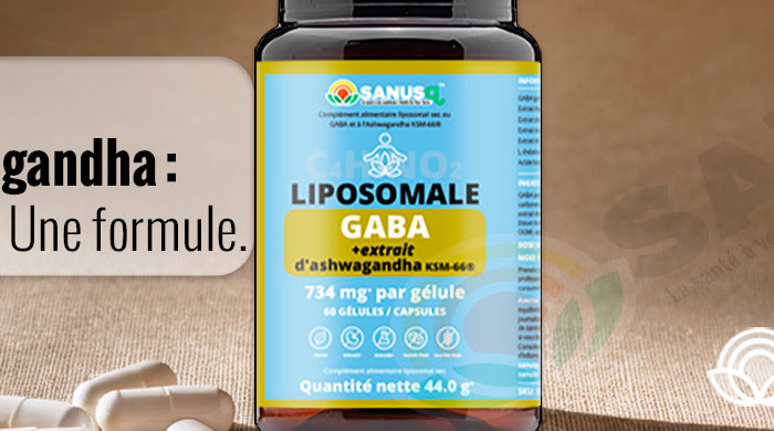 Flacon de GABA liposomale et ashwagandha KSM-66 SANUSq Health avec gélules, deux systèmes pour une seule formule