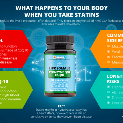 SANUSq Health Liposomal CoQ10 — how statins affect cholesterol, CoQ10 levels and long-term health risks