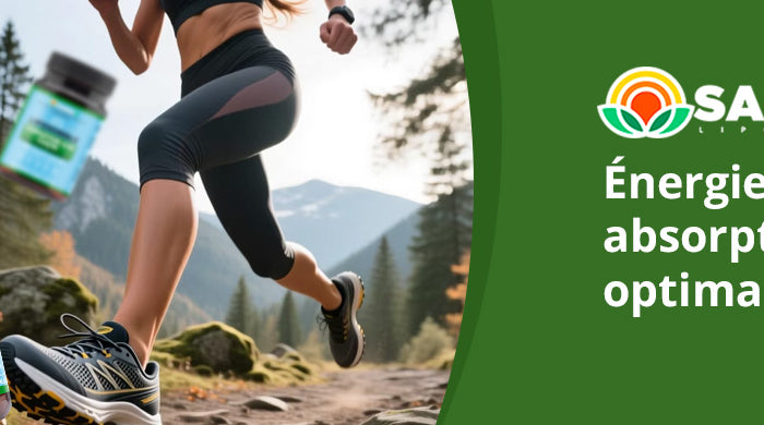 Coureuse sur un sentier forestier avec la CoQ10 liposomale SANUSq Health pour l'énergie cellulaire et une absorption optimale