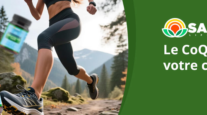 Complément de CoQ10 liposomale SANUSq Health et coureuse en montagne, tel que votre corps le veut.
