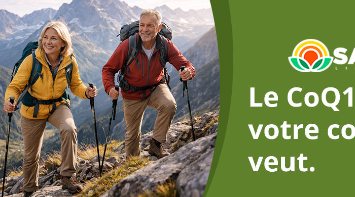 Couple de randonneurs en montagne avec la CoQ10 liposomale SANUSq Health, le CoQ10 tel que votre corps le veut