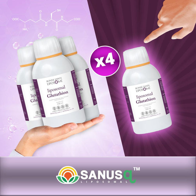 Pack of four Bonne Santé Liposome liposomal glutathione 250 ml bottles with the glutathione molecule – SANUSq Health