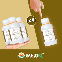 Pack of four Bonne Santé Liposome liposomal magnesium 250 ml bottles, one highlighted by a pointing hand – SANUSq Health