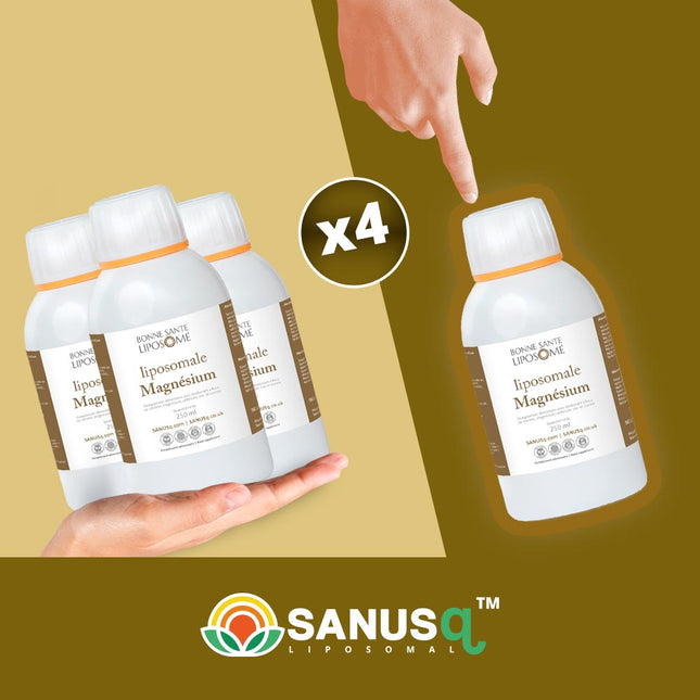 Pack of four Bonne Santé Liposome liposomal magnesium 250 ml bottles, one highlighted by a pointing hand – SANUSq Health