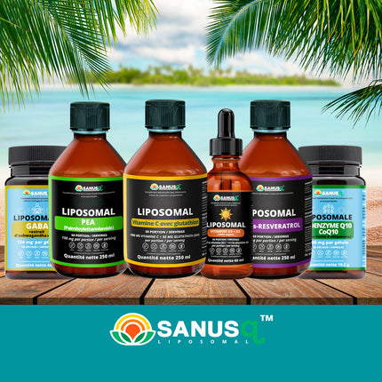 SANUSq Health liposomal supplement bundle with GABA, PEA, Vitamin C, D3+K2, Resveratrol and CoQ10 on a tropical beach