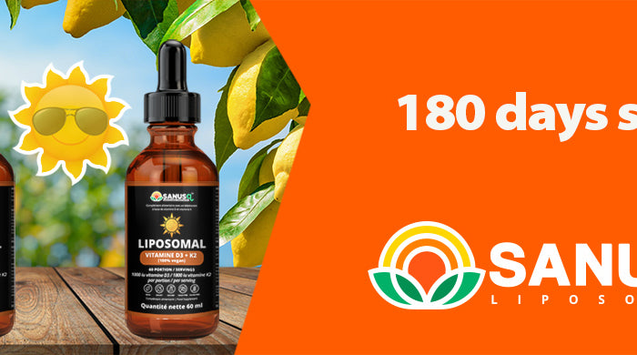 Three bottles of liposomal vitamin D3 + K2 under lemon trees, a 180-day supply – SANUSq Health
