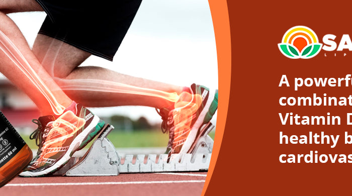 Liposomal vitamin D3 + K2 bottle beside a sprinter in the starting blocks, for healthy bones and heart – SANUSq Health