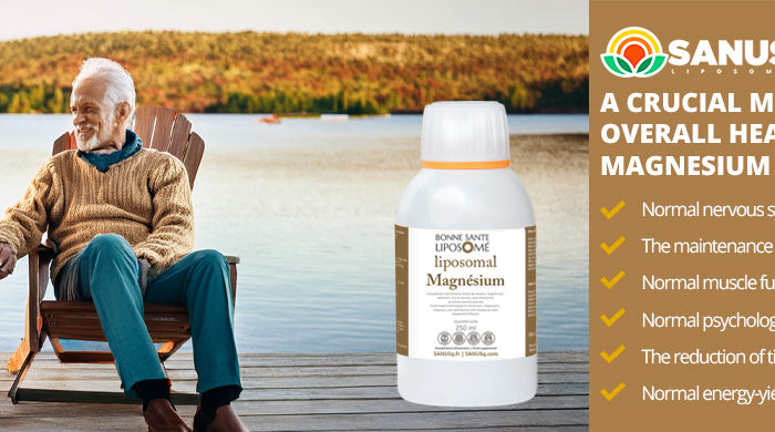 Smiling retired couple on a lakeside jetty beside a bottle of SANUSq Liposomal Magnesium