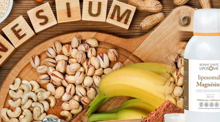 Liposomal Magnesium bottle among magnesium-rich foods: nuts, seeds, bananas and cocoa