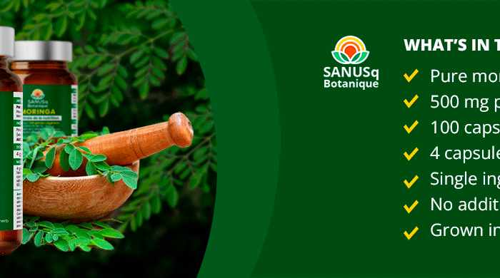 SANUSq Moringa leaf capsules beside a mortar of fresh leaves, with product facts: 500 mg, 100 capsules