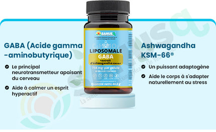 GABA liposomal SANUSq Health avec Ashwagandha KSM-66 pour apaiser l'esprit et s'adapter au stress